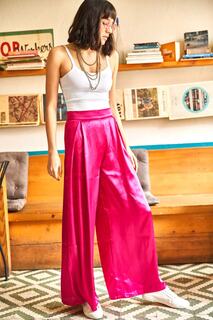 Женские тканые атласные брюки палаццо со складками на боковой молнии цвета фуксии Olalook, розовый