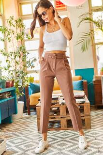 Женские тканые брюки атлас-морковка горько-коричневого цвета с тонким покрытием и поясом, карманами Olalook, коричневый