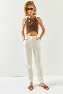 Женские тканые брюки цвета экрю с карманами и пуговицами Olalook