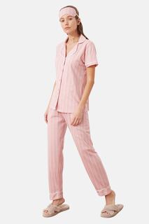 Розовый хлопковый вязаный пижамный комплект с полосатой окантовкой для сна THMSS21PT1225 Trendyol