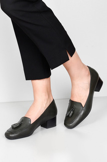 Женские туфли цвета хаки из натуральной кожи Antique Gön с тупым носком, на коротком толстом каблуке с кисточками 13313 GÖNDERİ(R)