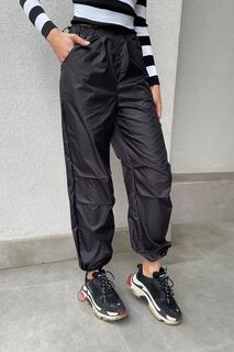 Женские черные спортивные штаны из парашютной ткани с высокой талией и эластичной резинкой на талии с двойными карманами Trend Alaçatı Stili, черный