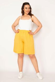 Женские шорты горчичного цвета в полоску с эластичными карманами на талии больших размеров 65n28662 Şans, желтый