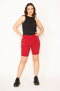 Женские шорты большого размера из бенгальской лайкры бордового цвета с детальной молнией 65n32696 Şans, бордовый