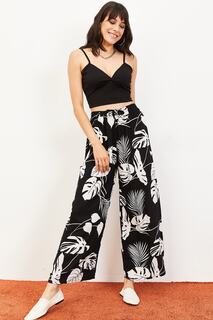 Женские широкие брюки с эластичным поясом и цветочным узором, черные Bianco Lucci, черный