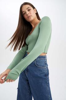 Крутой свитер приталенного кроя с v-образным вырезом DeFacto, зеленый