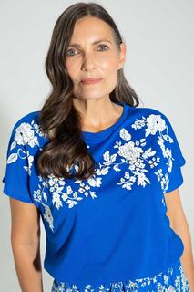 Традиционная футболка с коротким рукавом с круглым вырезом и цветочным узором DeFacto, синий