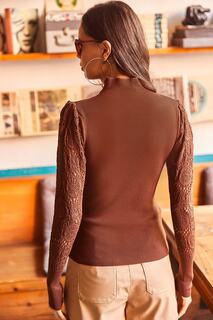 Женский горько-коричневый ажурный халат с воротником-стойкой и рукавами, детальный трикотаж Ice Olalook