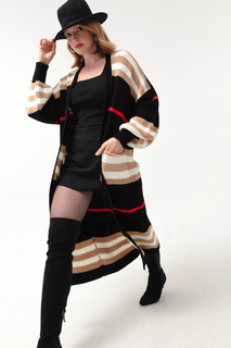 Женский длинный трикотажный кардиган черно-коричневого цвета с объемными рукавами Lafaba, черный