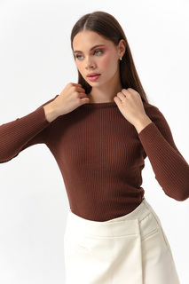 Женский коричневый вязаный свитер с круглым вырезом Lafaba