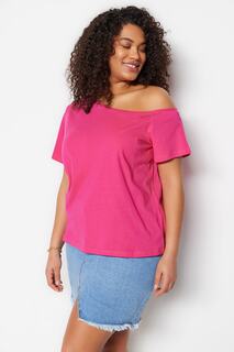 Трикотажная блузка цвета фуксии с открытыми плечами и детальной отделкой Trendyol, розовый
