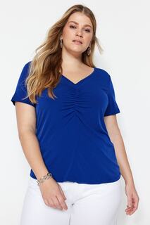 Трикотажная блузка с короткими рукавами и сборками Sax Trendyol, синий