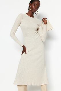 Трикотажное платье миди Stone с круглым вырезом Платье Trendyol, серый