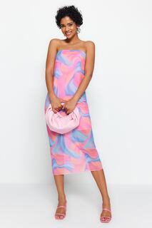 Трикотажное платье миди без бретелек с разноцветным принтом и тюлевой подкладкой Trendyol, разноцветный