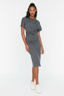 Трикотажное платье миди из 100 % хлопка антрацитового цвета с разрезом на талии и завязками Trendyol, серый