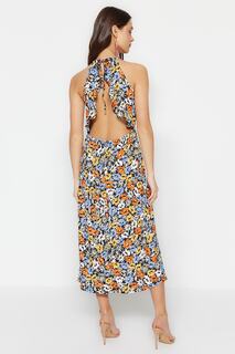 Трикотажное платье миди с разноцветным цветочным узором и запахом через шею Trendyol, разноцветный