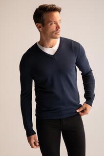 Трикотажный свитер премиум-класса стандартного кроя с V-образным вырезом DeFacto, темно-синий