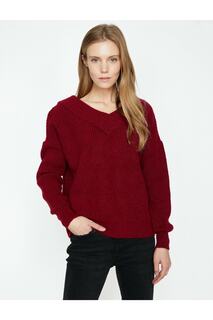 Трикотажный свитер с V-образным вырезом Koton, бордовый