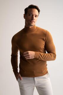 Трикотажный свитер стандартного кроя премиум-класса с полуводолазкой и воротником-стойкой DeFacto, коричневый