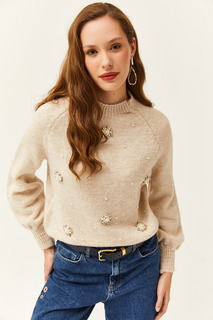 Женский свитер из мягкого текстурированного трикотажа с камнями и жемчугом Olalook, серый