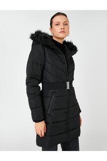 Длинная куртка-пуховик с деталями из искусственного меха и поясом Koton, черный