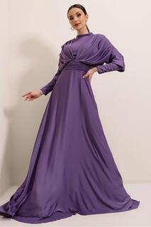 Длинное атласное платье на пуговицах со сборками спереди и сзади на подкладке By Saygı, фиолетовый