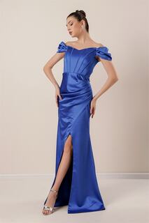 Длинное атласное платье на косточках со сборками по бокам Saks By Saygı, темно-синий