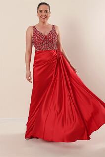 Длинное атласное платье больших размеров на подкладке, красное, с каменной деталью из тюля сверху By Saygı, красный