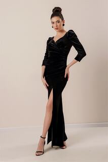 Длинное бархатное платье со складками и разрезом By Saygı, черный