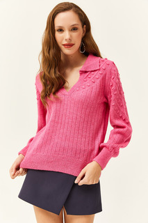 Женский свитер цвета фуксии с вырезом поло и крошечным помпоном, мягкий текстурированный трикотаж Olalook, розовый