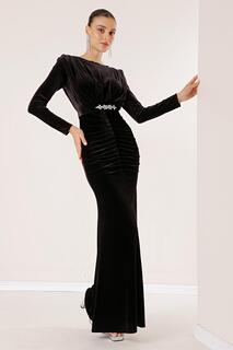 Длинное бархатное платье со складками спереди и поясом By Saygı, черный