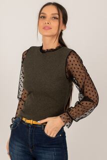Женский свитер цвета хаки в рубчик с тюлем на рукавах и воротнике armonika