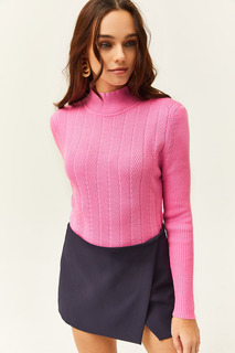 Женский свитер ярко-розового цвета с полуводолазкой и зигзагообразным фактурным мягким трикотажем Olalook, розовый