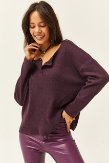 Женский свободный свитер сливового цвета на пуговицах Olalook, фиолетовый