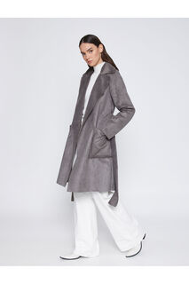 Длинное пальто из замши с поясом и широким воротником с обратным карманом Koton, серый