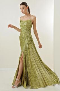Длинное платье без бретелек с блестками и драпировкой спереди на подкладке By Saygı, зеленый