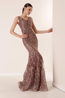 Длинное платье из блестящего флока с V-образным вырезом и подкладкой By Saygı, коричневый