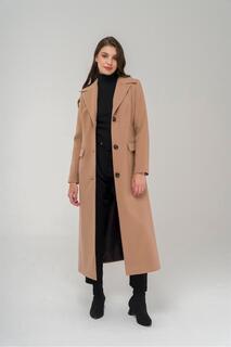 Длинное пальто с моно воротником и карманами KAMEL 3918 Olcay, коричневый
