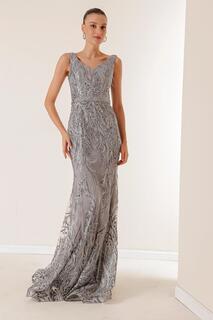 Длинное платье из блестящего флока с V-образным вырезом и подкладкой By Saygı, серый