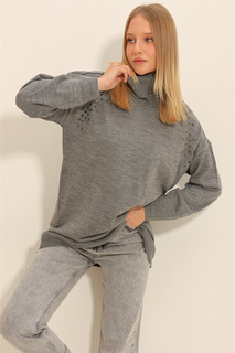 Женский серый вязаный свитер с высоким воротником и плечами ALC-X11338 Trend Alaçatı Stili