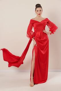 Длинное платье из креп-атласа Madonna с подкладкой из органзы и рукавами, красное By Saygı, красный