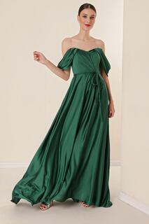 Длинное платье из креп-атласа с рукавами и плиссировкой на талии, зеленое By Saygı, зеленый
