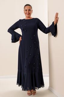 Длинное платье из крепа Bb с воланом на рукавах и подоле, темно-синее By Saygı, темно-синий