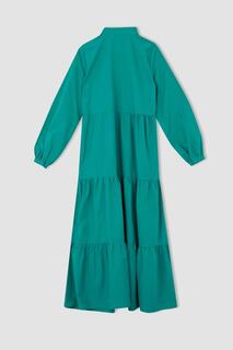 Длинное платье из поплина с длинными рукавами и воротником-шарфом Relax Fit DeFacto, зеленый