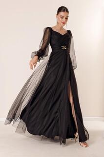 Длинное платье из тюля спереди и сзади с V-образным вырезом на талии и драпированной подкладкой By Saygı, черный