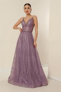 Длинное платье с пайетками и вышивкой из бисера на веревочном ремне, сиреневое By Saygı, фиолетовый