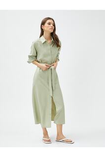 Длинное платье-рубашка с длинным рукавом и поясом Koton, зеленый
