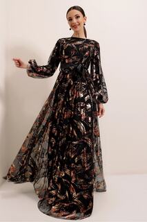Длинное платье с поясом и подкладкой на талии, позолоченное, широкий размерный ряд, черно-золотой By Saygı, черный