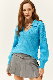 Женский синий свитер с воротником-поло и крошечным помпоном, мягкий текстурированный трикотаж Olalook