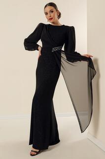 Длинное платье широкого размера с блестками и шифоном на подкладке из лайкры и каменными аксессуарами на талии By Saygı, черный